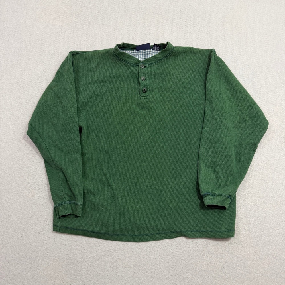 Vintage Henley Shirt Men's Large Green Long Sleeve Ribbed Cotton Plaid Trim y2k